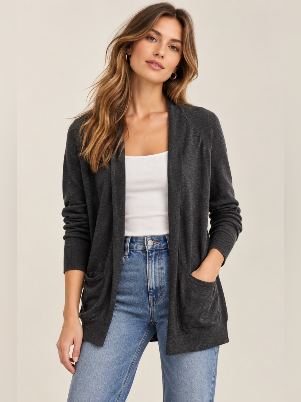 J.Crew 100% Merino Wool Open-Front Cardigan – Charcoal Gray – Size L